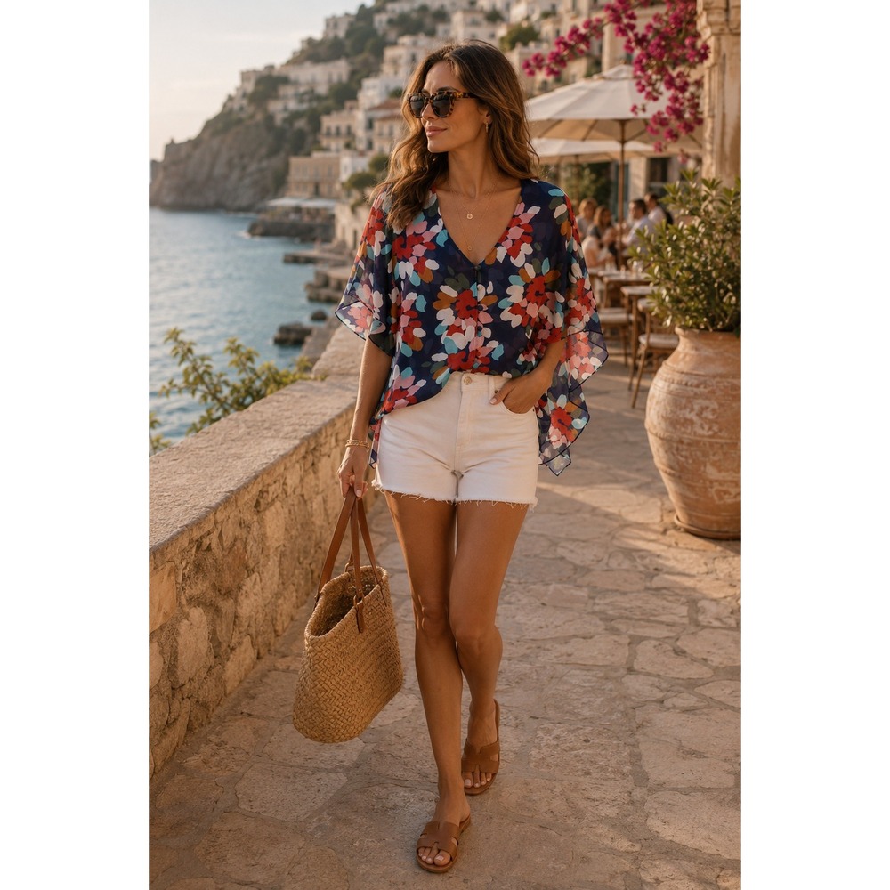 Crosby by Mollie Burch Jamie Floral Blouse‎ Navy Kimono Sleeve Top S
